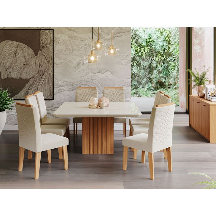 Conjunto De Mesa De Jantar Com Tampo De Vidro Off White Ana E 8 Cadeiras Clarice Suede Nude E Nature