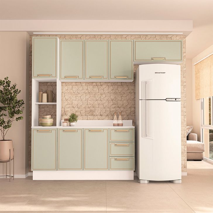 Image of Cozinha Completa Com Tampo E Rodapé Amara 8 Portas 3 Gavetas Verde E Branca PLA-MO895CL66PXDMOB