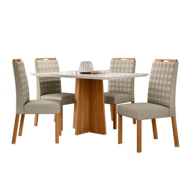 Conjunto de Mesa Retangular com Tampo de Vidro Off White Anitta e 4 Cadeiras Mariana Poliéster Nude e Ypê