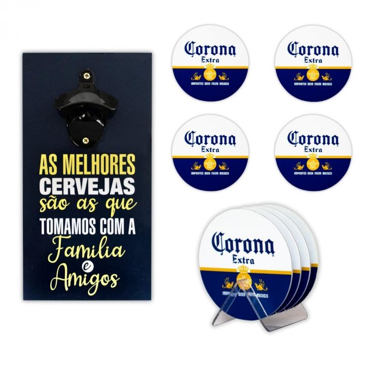 Abridor Garrafa Frase Cerveja + Kit 4 Porta Copos C/ Suporte