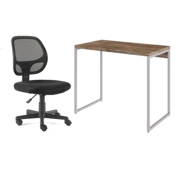 Conjunto de Mesa Studio Carvalho e Branca com Cadeira de Escritório Secretária Giratória Oxford Preta