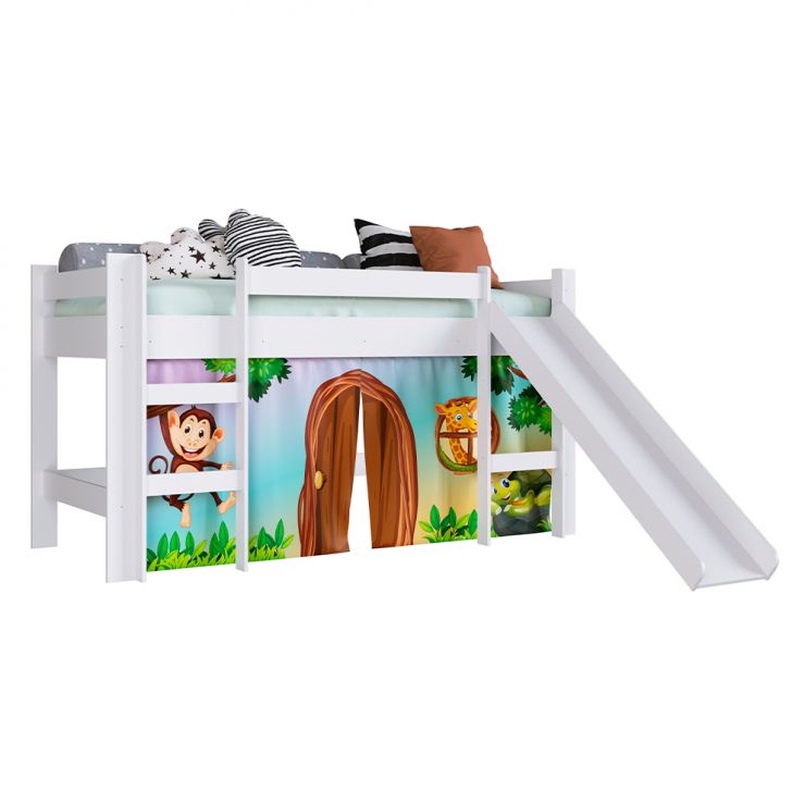 Cama Infantil Elevada com Escorregador Zoo Branca