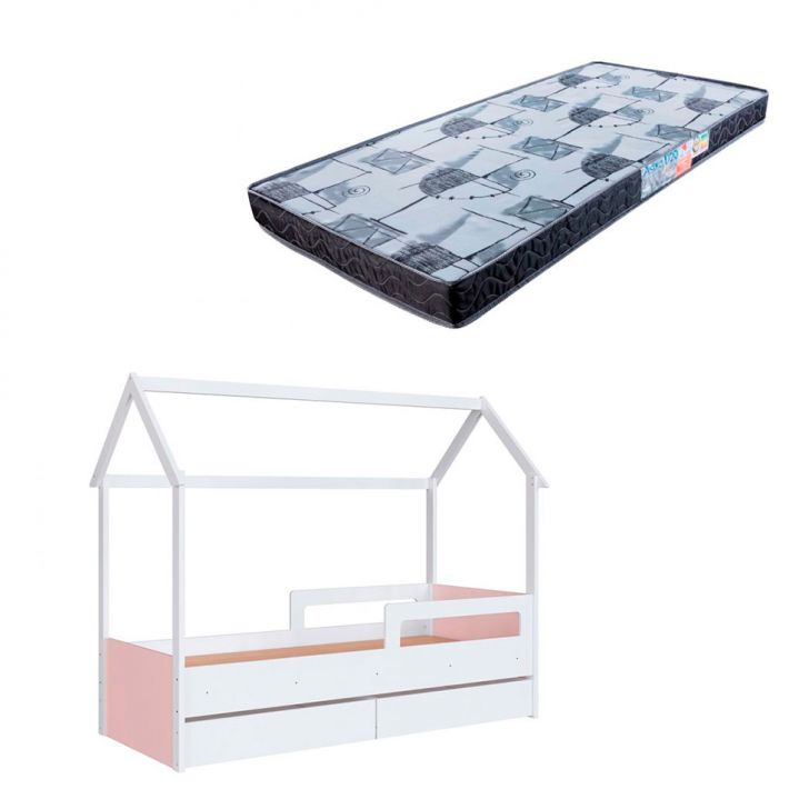 Cama Infantil Montessoriana Miney 2 GV Branco e Rosa com Colchão Astra D20 Preto e Cinza