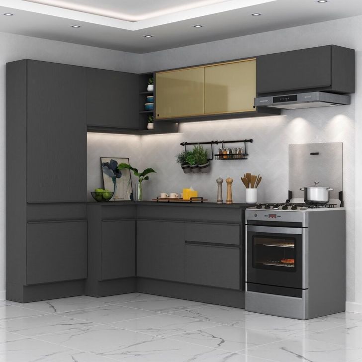 Armário de Cozinha Completa de Canto com Rodapé Veneza Multimóveis MP2087.895 Preto