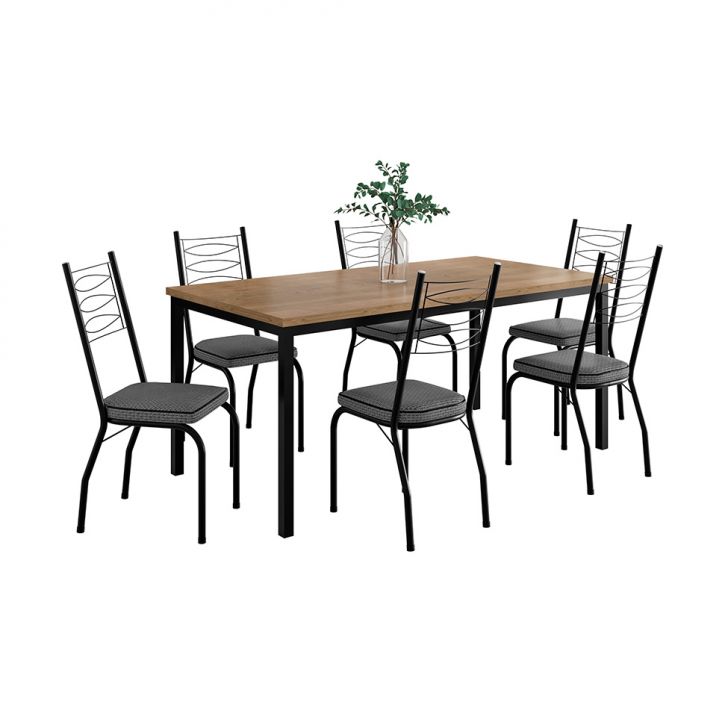 Conjunto De Mesa Retangular Com Tampo De Mdp Amadeirado E 6 Cadeiras Adriana I Revestimento Sintético Platina E Preto