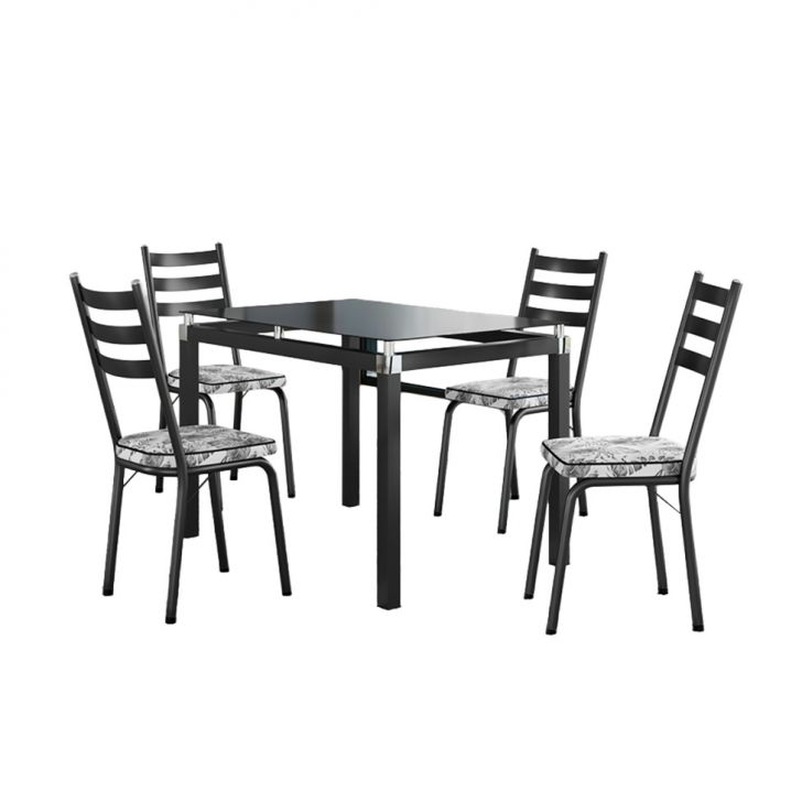 Conjunto De Mesa Retangular Com Tampo De Vidro Malva E 4 Cadeiras New Revestimento Sintético Floral Cinza E Preto 107 Cm