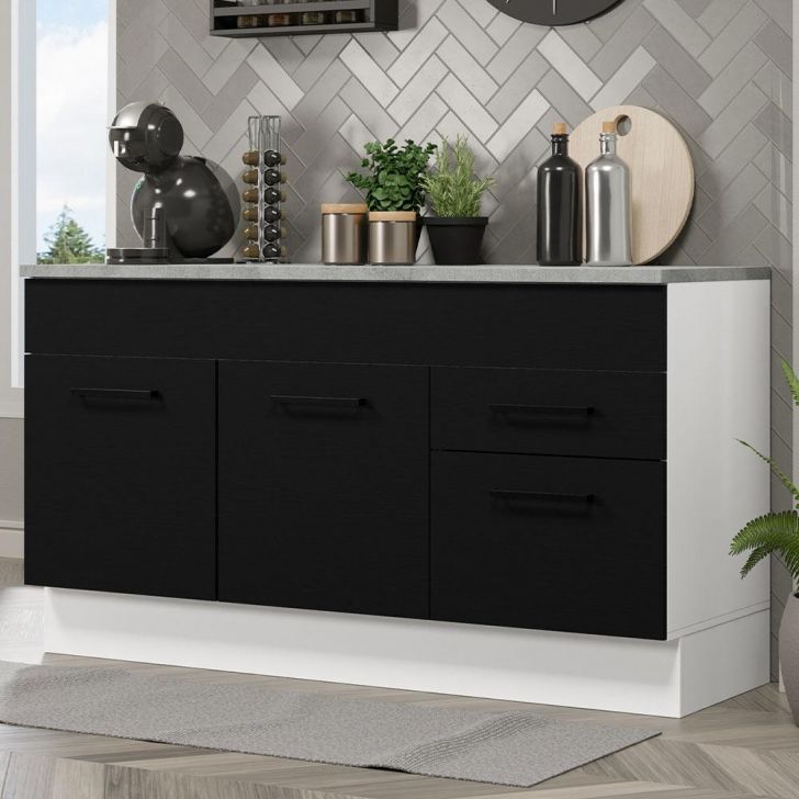 Balcão Gabinete de Pia Cozinha 150 cm 2 Gavetas 2 Portas (Com Tampo) Branco/Preto Agata Madesa