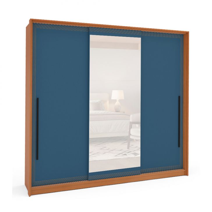 Image of Guarda-roupa Casal Com Espelho Valência 3 Portas 4 Gavetas Freijó E Azul PLA-MO895CL56OSHMOB