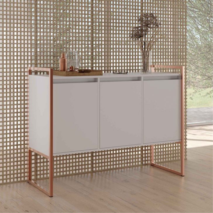 Balcão Buffet Aparador Industrial 3 Portas - Branco/Cobre
