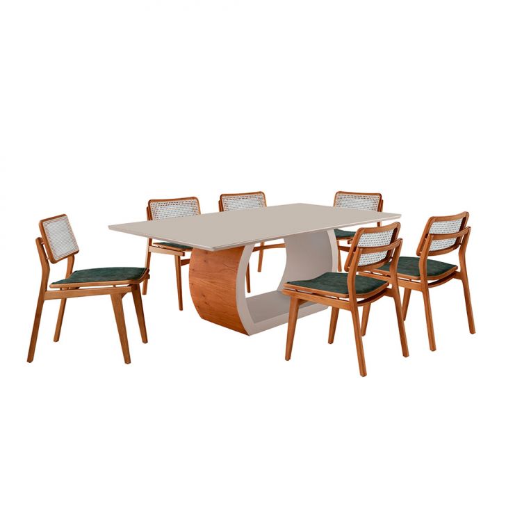 Mesa De Jantar Retangular Zeus Com Tampo Vidro E 6 Cadeiras Lea Premium Veludo Jade E Imbuia Natural