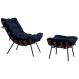 Conjunto Decorativo Poltrona e Puff Abel Base de Madeira Preto Veludo Azul G41 - Gran Belo