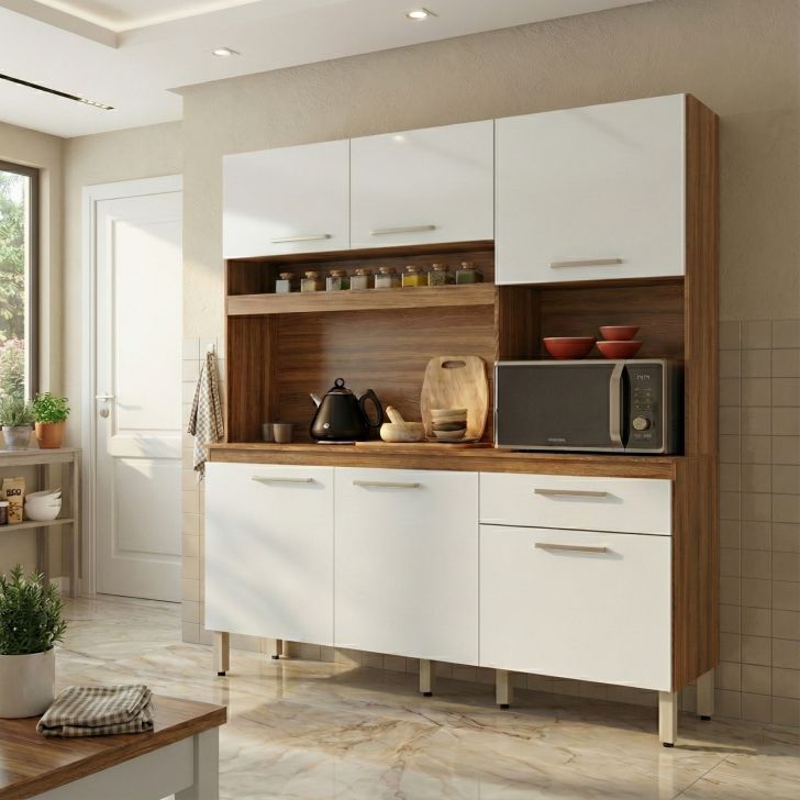 Kit de Cozinha Texas 6 Portas 1 Gaveta Amêndola e Branco