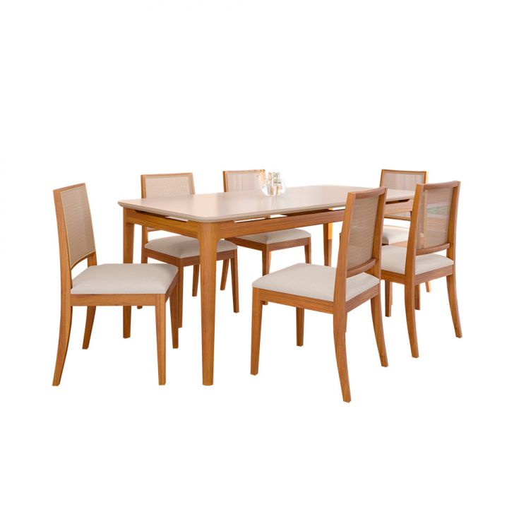 Conjunto De Mesa Retangular Com Tampo De Vidro Off White Baobá E 6 Cadeiras Buriti Linho Cru E Madeira 180 Cm