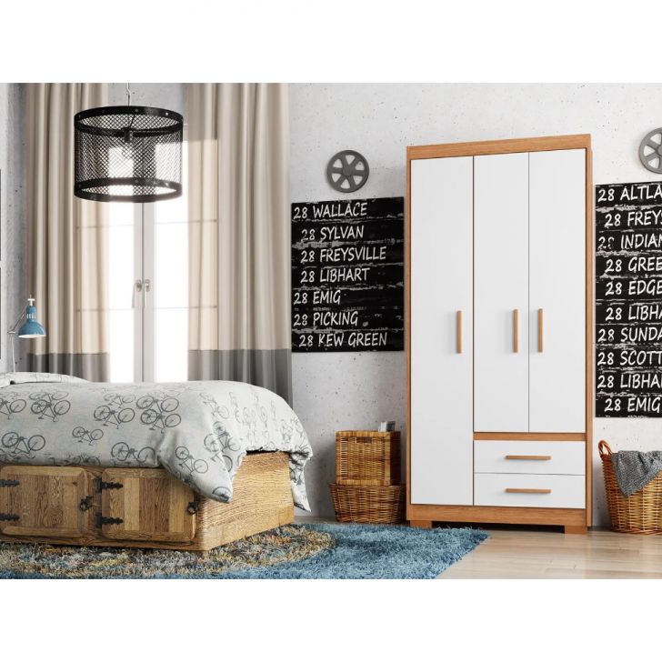 Guarda-roupa Solteiro Primacy 3 Portas 2 Gavetas Freijó Wood E Off White