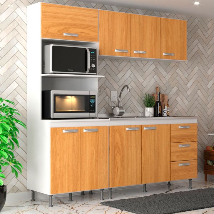 Cozinha Compacta Ipanema 8 Portas 3 Gavetas Branca e Cinamomo