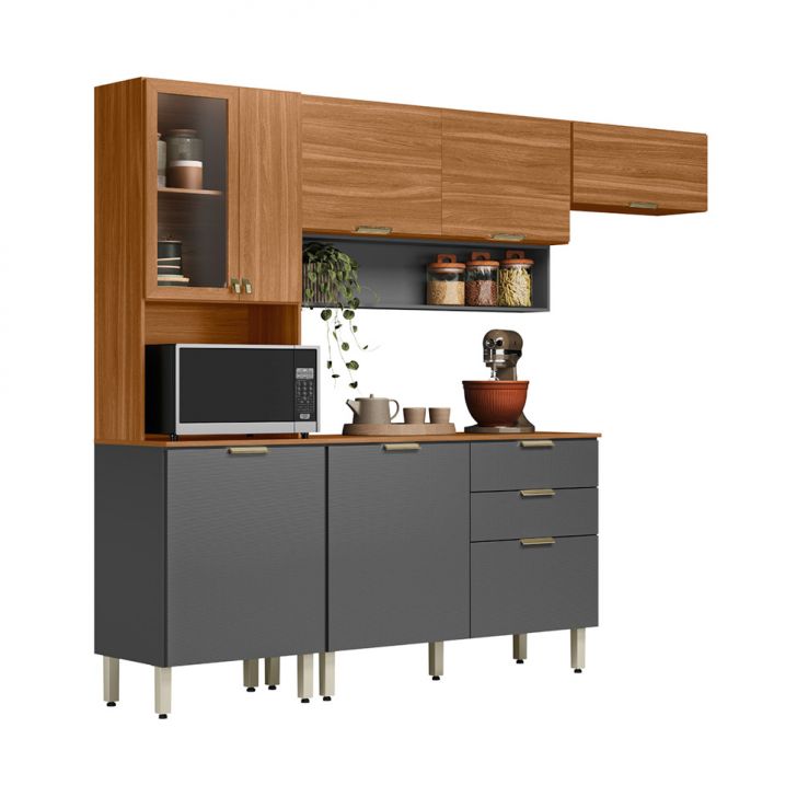 Armário de Cozinha Compacta Alba 8 Portas 2 Gavetas Amêndola e Grafite