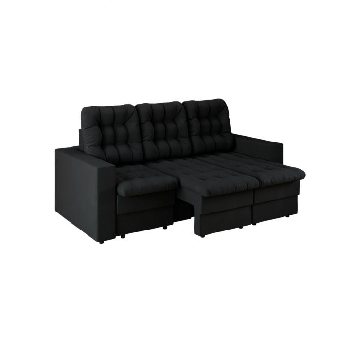 Sofá 3 Lugares Retrátil Lubeck Plush Suede Preto 210 Cm