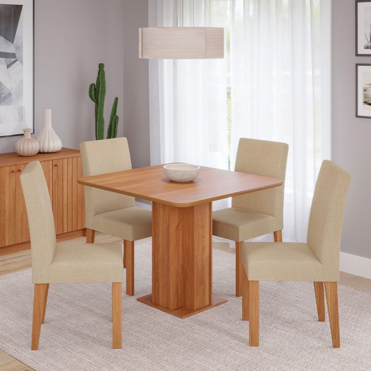Conjunto De Mesa Quadrada Com Tampo De Mdf Cinamomo Sophia E 4 Cadeiras Maia Suede Gengibre
