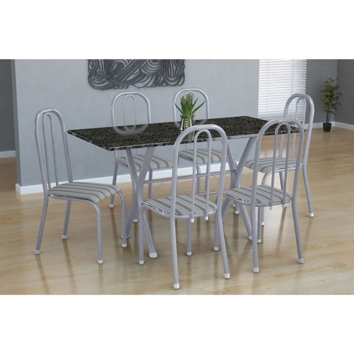 Conjunto De Mesa Miame Com 6 Cadeiras Madri Branco Prata E Preto Listrado