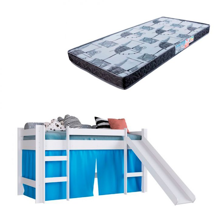 Cama Infantil Slide com Escorregador Branca e Azul com Colchão Astra D20 Preto e Cinza