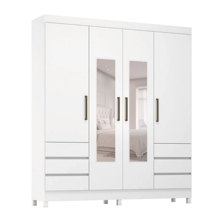 Guarda-roupa Casal Com Espelho Roma 4 Portas 6 Gavetas Branco