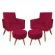 Kit 2 Poltronas e 2 Puffs Banqueta Redonda Nina Veludo Vermelho Pés Palito Castanho - Pallazio