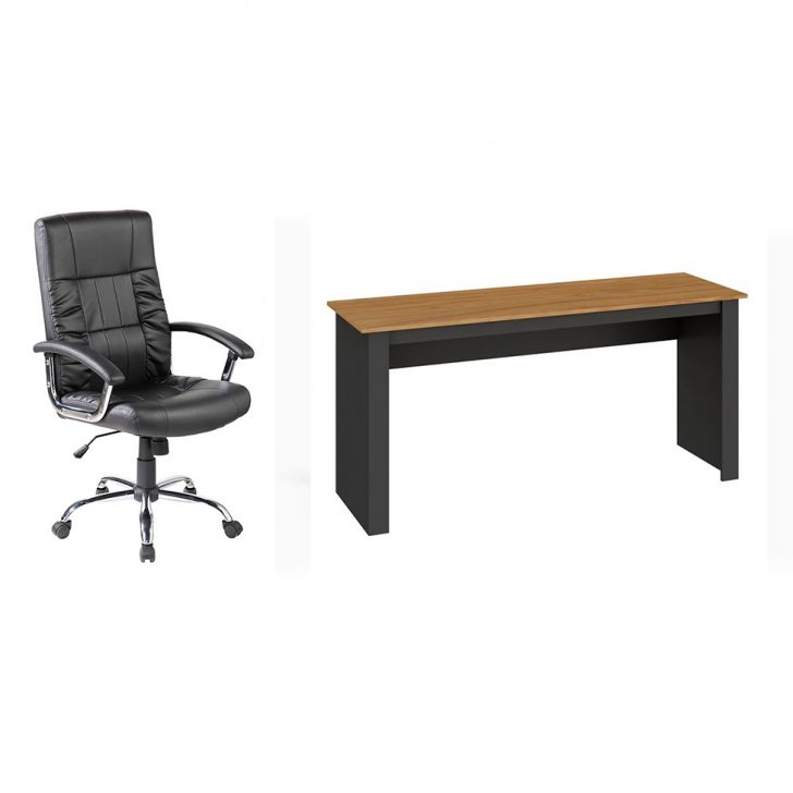 Conjunto de Mesa Liz Nogal e Grafite com Cadeira de Escritório Presidente Giratória com Relax Office Plus Preta