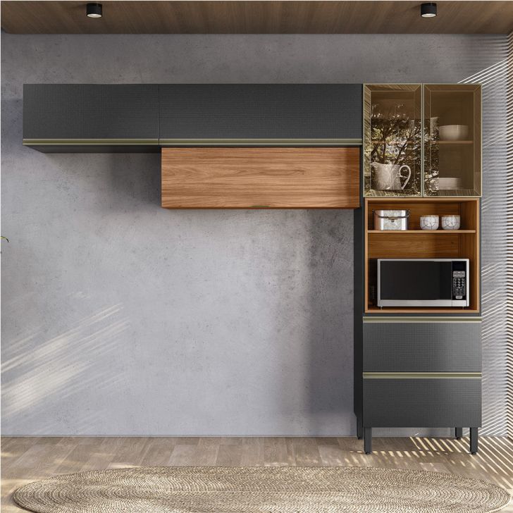 Armário de Cozinha Compacta com 2 Vidros Reflecta Proença 5 Portas 2 Gavetas Nogueira e Carbono