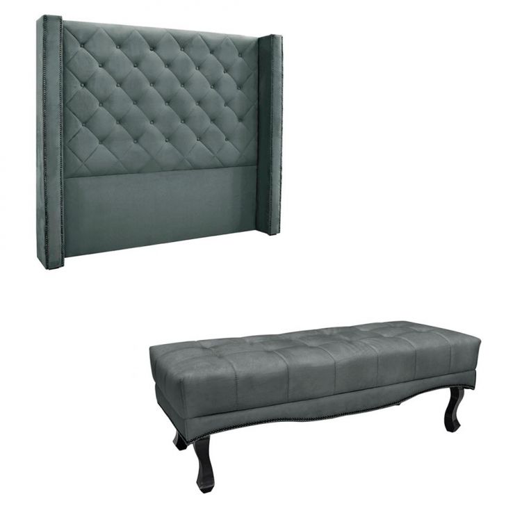 Conjunto de Cabeceira King com Recamier Vicenza Veludo Cinza