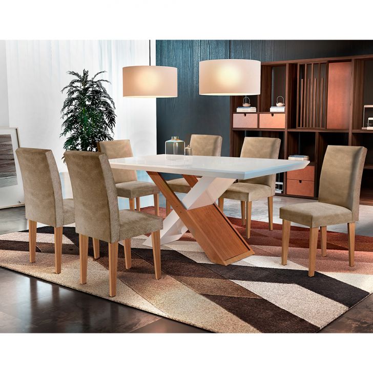 Conjunto De Mesa De Jantar Imperatriz Com 6 Cadeiras Estofadas Grécia I Animalle Off White E Chocolate