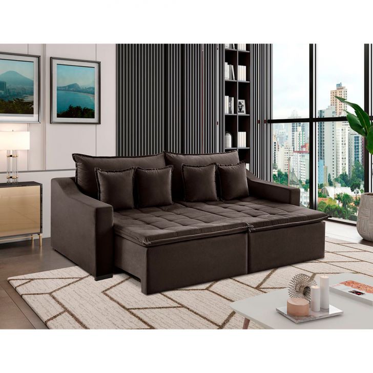 Image of Sofá 4 Lugares Retrátil E Reclinável Amy Veludo Café 274 Cm PLA-ES745UP46WHLMOB