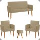 Kit Namoradeira + 2 Poltronas Decorativas Para Sala Nina + Puff Redondo Suede Nude Pé Castanho