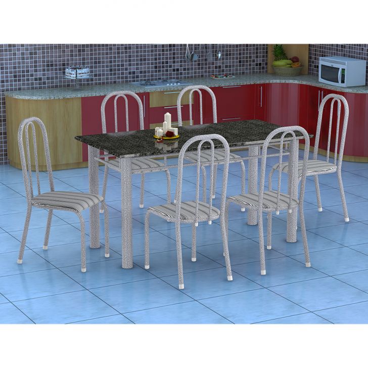 Conjunto De Mesa Granada Com 6 Cadeiras Madri Prata E Preto Listrado Gr