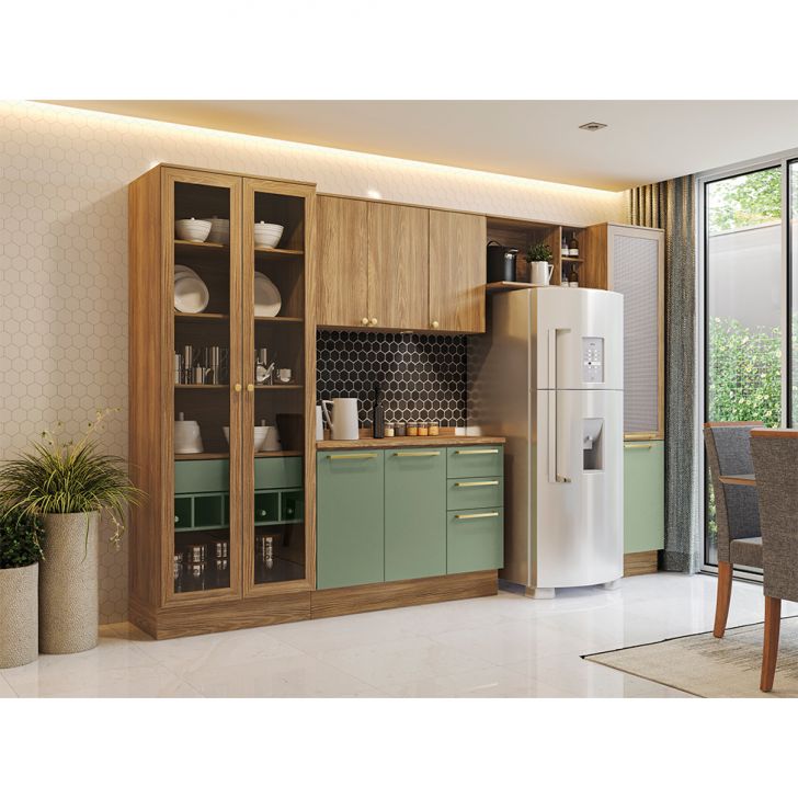 Image of Cozinha Compacta Botanic Com Tela E Vidro 9 Portas 4 Gavetas Nogueira E Verde PLA-KA161CL46PFXMOB