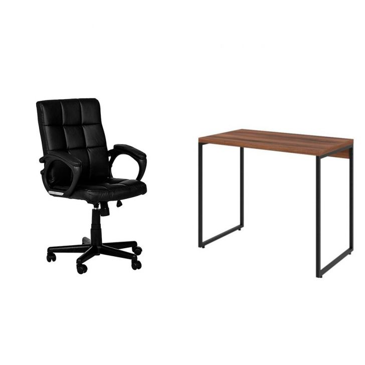 Conjunto de Mesa Studio Nogal com Cadeira de Escritório Diretor Giratória Charles Preta