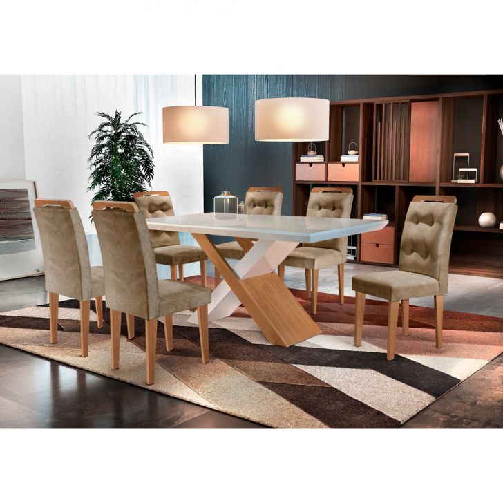 Conjunto De Mesa De Jantar Com Vidro E  6 Cadeiras Imperatriz Suede Off White E Chocolate