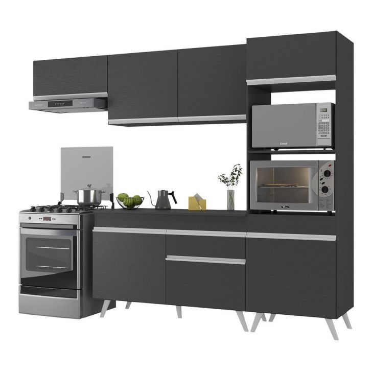 Armário de Cozinha Compacta 252cm Veneza Multimóveis V3690 Preto/Branco