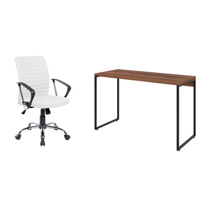 Conjunto de Mesa Studio Nogal 120 cm com Cadeira de Escritório Diretor Giratória Oslo Branca