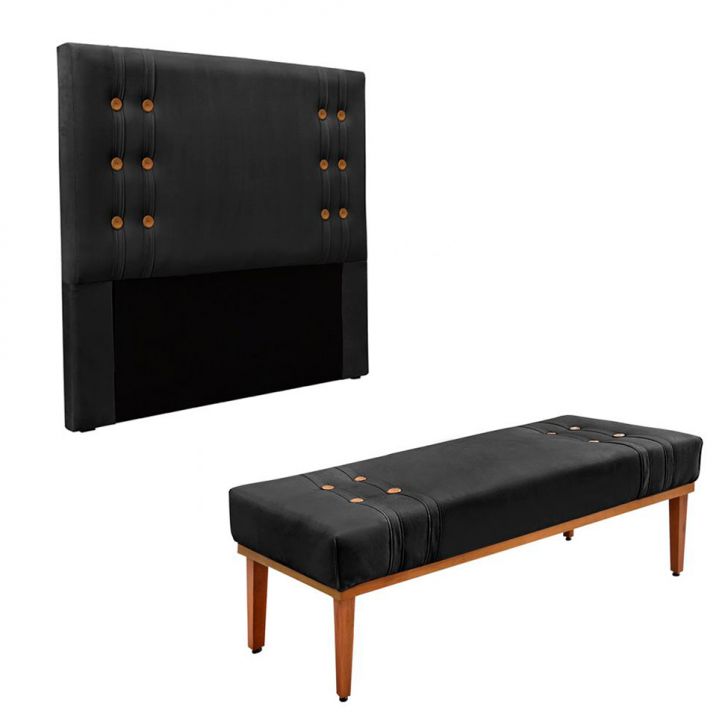 Conjunto de Cabeceira Casal com Recamier Gênova Veludo Preto