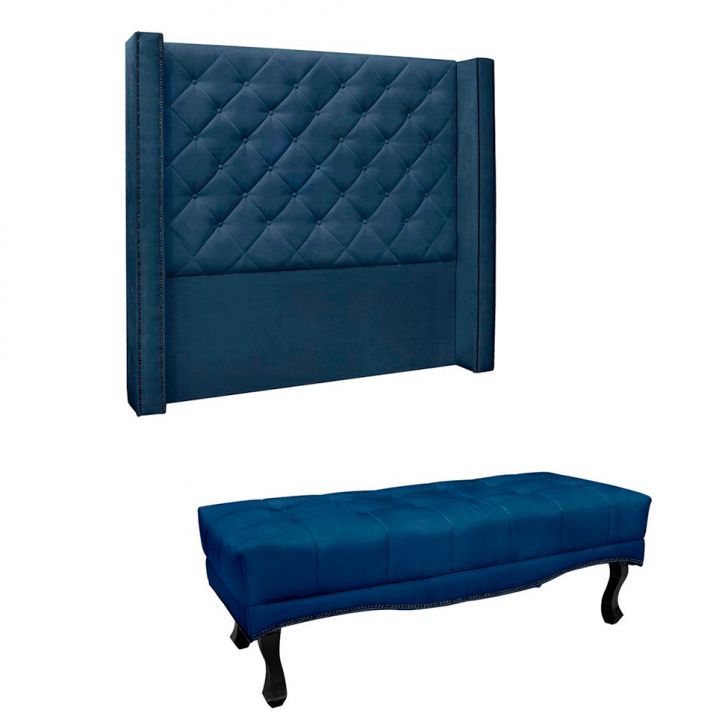 Conjunto de Cabeceira Solteiro com Recamier Vicenza Suede Azul Marinho