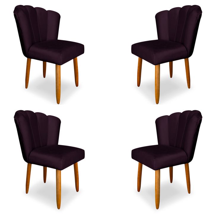 Kit 4 Cadeiras de Jantar Pétala Estofada Pés Palito Veludo Roxo - Montanaris Decor