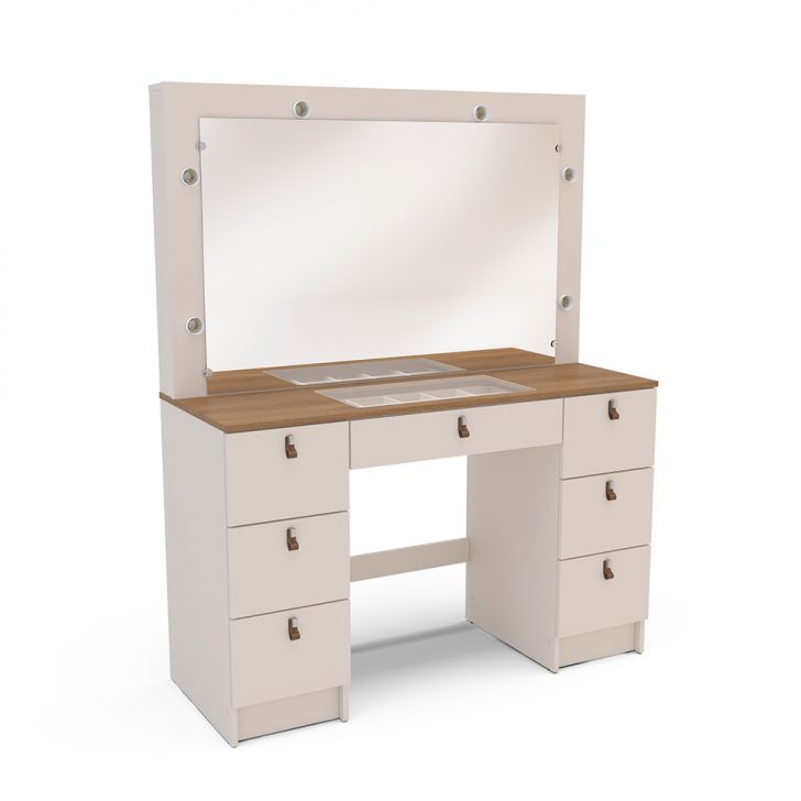 Penteadeira com Espelho França 7 Gavetas Off White e Freijó