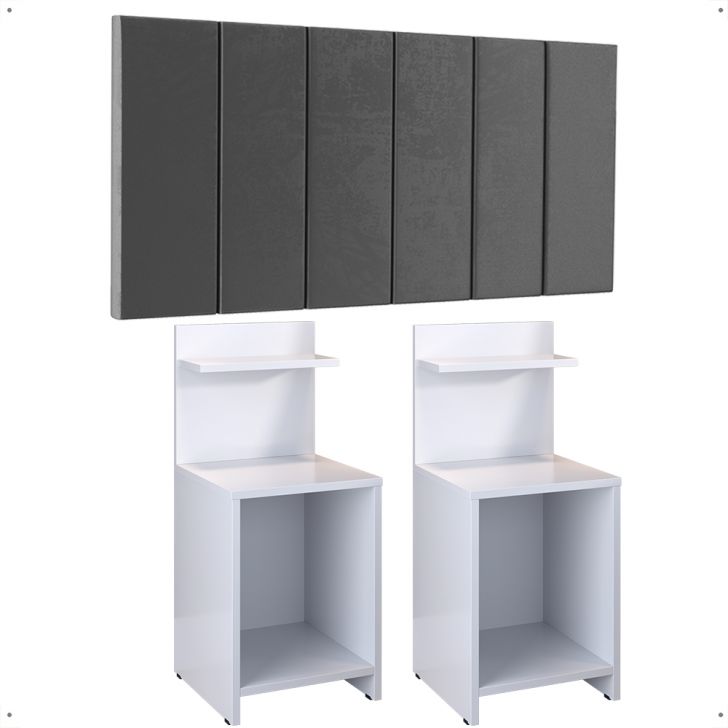 Kit 2 Mesas Cabeceira Fantasy Branco Mesinha Organizadora Prateleira Painel Suspenso Cama Box Queen Size 1,60 Cinza Suede - Lojas RPM