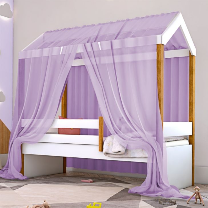 Cama Montessori Cabana Solteiro com Colchão e Dossel Lilás