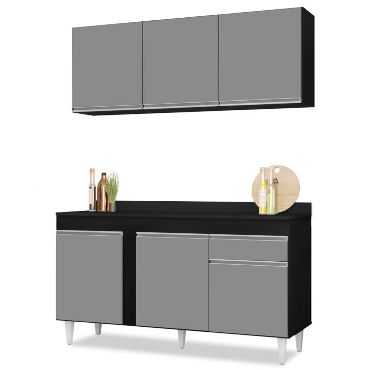 Armário Aéreo Argélia e Balcão Gabinete Para Pia com Tampo 150cm Dakota Preto/Cinza - Lumil