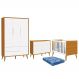 Dormitório Theo 3 Portas, Cômoda 6 Gavetas, Berço Branco/Savana com Pés Amadeirado e Colchão - Reller Móveis