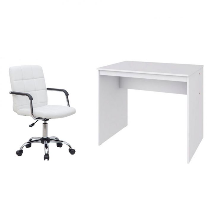 Conjunto de Mesa Office com Cadeira de Escritório Secretária Giratória Fitz Branca