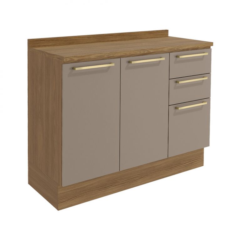 Balcão de Cozinha com Tampo Botanic 2 Portas 3 Gavetas Fendi e Nogueira