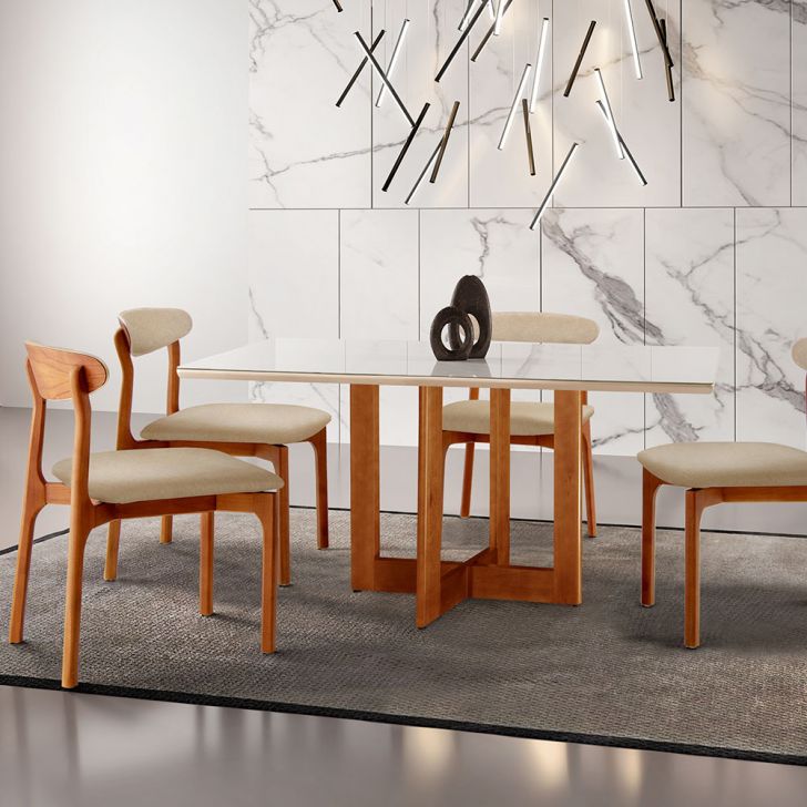 Image of Conjunto De Mesa De Jantar Retangular Com Tampo De Vidro Off White Talia E 4 Cadeiras Italia Linho Bege E Imbuia PLA-MO895TA36VNJMOB
