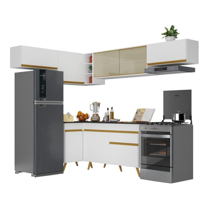 Armário de Cozinha Completa de Canto Veneza Multimóveis V2060  Branco/Dourado
